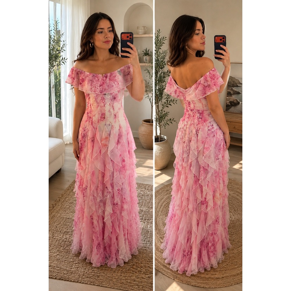 JardinVue Pink Floral Ruffle Off Shoulder Maxi Dress Tiered Gown Size Medium